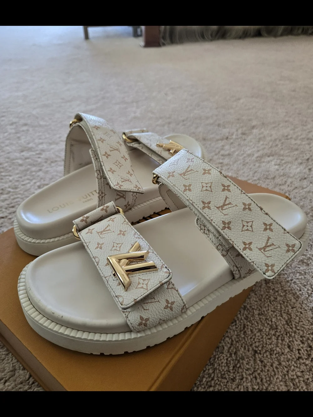 Louis Vuitton Cream Monogram Womens Sandals with Gold LV Hardware